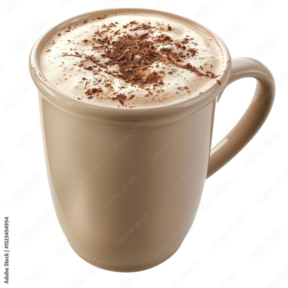Fototapeta premium Creamy cup of coffee topped with chocolate shavings, inviting warmth and rich flavor, perfect for cozy moment or delightful treat