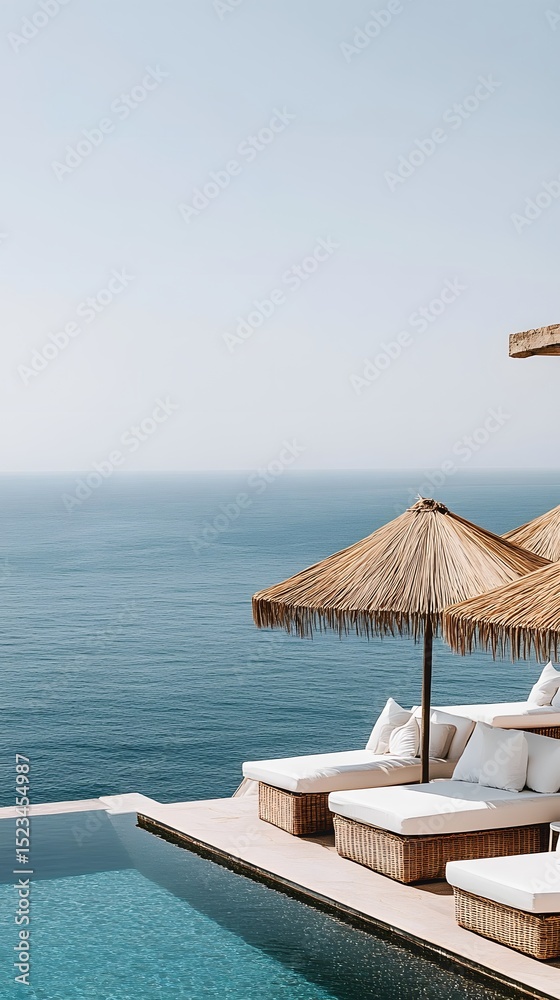 Fototapeta premium Stunning oceanfront poolside lounge area.