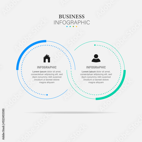 Business infographic template design element with circle half process. Vector business concept with 2 options, steps.
