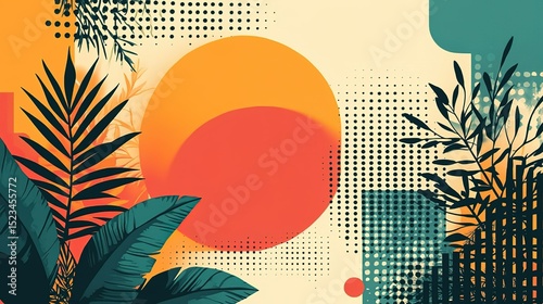 Abstract botanical flat design backdrop with yellow and orange geometric patterns, beige pastel tones minimalist vector art, playful texture ideal for web backgrounds, UI interfaces, posters, or digit