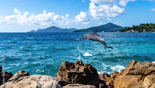 Dolphin's Majestic Leap: Ocean Splendor, Turquoise Waters, and Island Backdrop