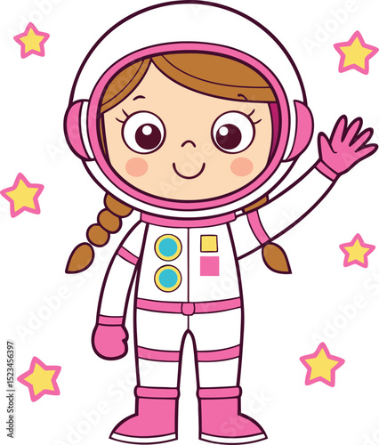 Cute girl astronaut waving in space with stars