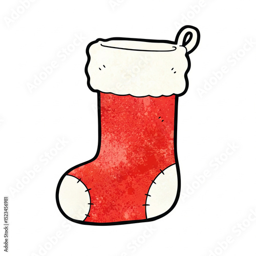 Cartoon image of a red Christmas stocking with a white fluffy top and toe. Black outline and textured effect.