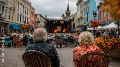 Outdoor Concert in a Town Square with People Enjoying Live Music on Stage