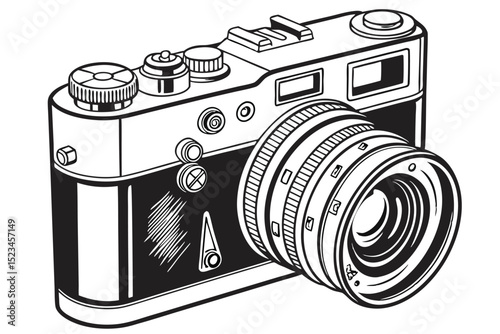 A black and white vector illustration of a vintage camera. It shows the camera from a slightly angled perspective, highlighting its various dials, buttons, viewfinder, and prominent lens.