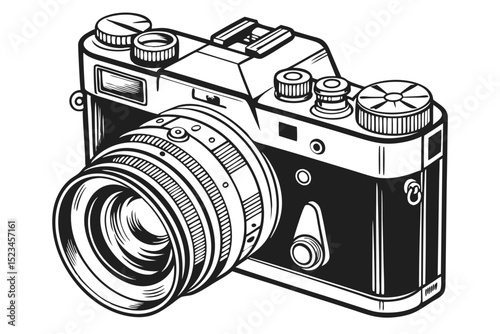A black and white vector illustration of a vintage camera. The camera is depicted with a detailed lens, various dials and buttons on its top and front, and what appears to be a viewfinder.