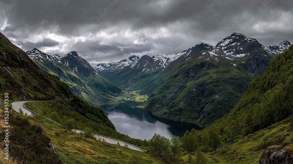 Naklejka premium A bird's-eye view of the fjord, surrounded by towering mountains, green valley walls and a winding road leading to snow-capped peaks in the distance, offers panoramic views.