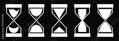 A classic hourglass set filled with sand marking the passage of time. Monochrome hourglass icon set depicting the passage of time through the flow of sand in a minimalist design.