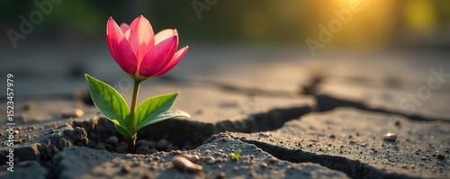 A single blooming flower pushing through cracked earth, symbolizing resilience and the enduring power of hope amidst hardship, representing compassion for all living things , life, spring