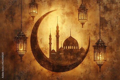 Crescent Moon Silhouette with Mosque and Hanging Lanterns, Golden Textured Background for Ramadan