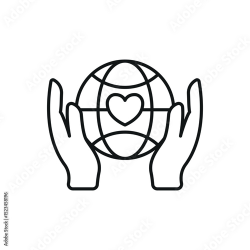 Flat charity icon showing globe, heart, and hands – symbolizing love, global aid, unity, and support.

