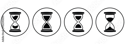 A classic hourglass set filled with sand marking the passage of time. Monochrome hourglass icon set depicting the passage of time through the flow of sand in a minimalist design.