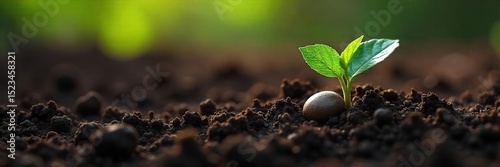 Close-up of a single seed nestled in rich, dark soil, ready to sprout and grow, symbolizing new beginnings and potential , environment, germination, life