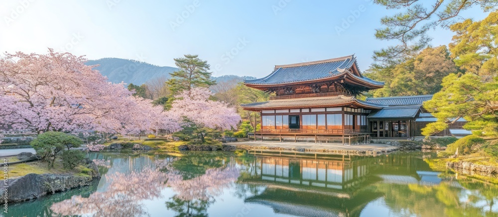 Fototapeta premium A serene japanese temple garden in spring, with cherry blossoms reflecting in a calm pond.