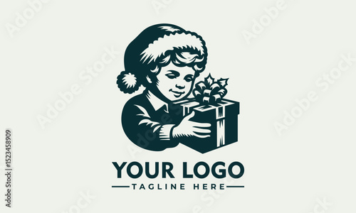 Charming illustration of a young child wearing a festive Christmas hat holding a glowing gift box. Holiday concept