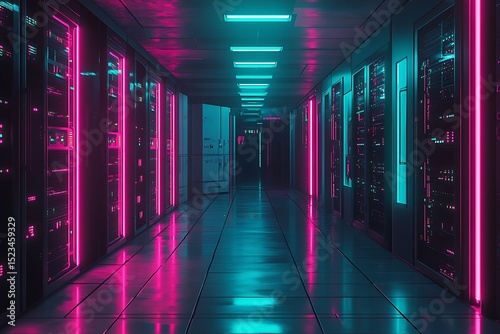 Cyberpunk style server room glows with pink and turquoise light throughout the corridor