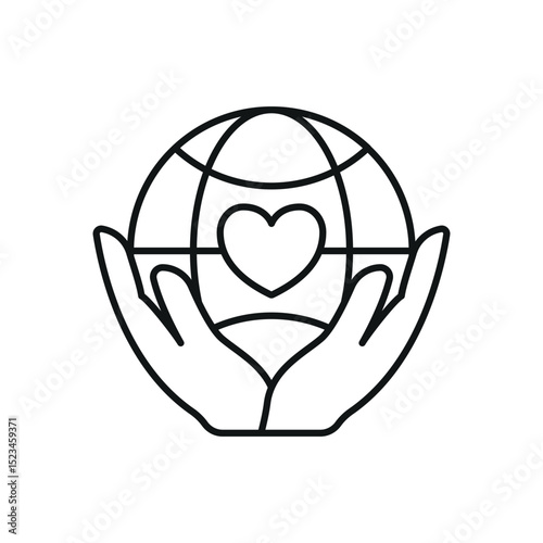 Flat charity icon showing globe, heart, and hands – symbolizing love, global aid, unity, and support.


