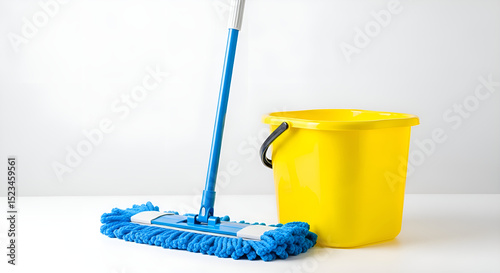 A yellow bucket and mop standing on white