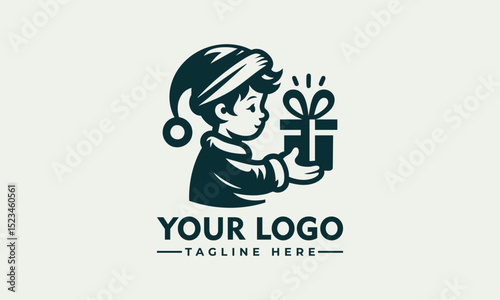 Charming illustration of a young child wearing a festive Christmas hat holding a glowing gift box. Holiday concept