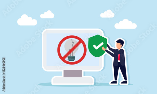 Businessman holding a shield beside a monitor showing a broken light with a forbidden sign illustration of rejecting or warning in applying business ideas