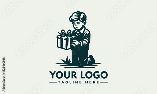 Charming illustration of a young child wearing a festive Christmas hat holding a glowing gift box. Holiday concept