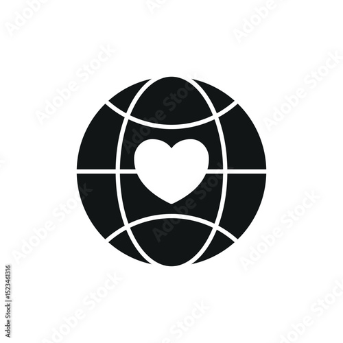 Flat charity icon showing globe, heart, and hands – symbolizing love, global aid, unity, and support.

