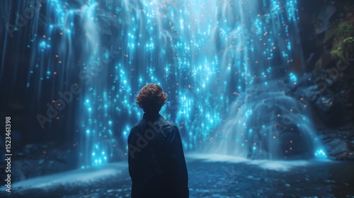 Witness the enchanting allure of an illuminated waterfall shining brightly at night