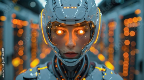 Futuristic cyborg in high tech scene with automation, cybernetics, robotics, advanced technology