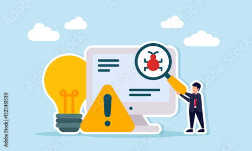 businessman standing next to light bulb warning sign and monitor holding magnifying glass with virus symbol illustration of virus attack from competitor stealing business idea