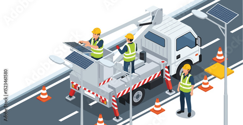 Technicians installing and maintaining solar-powered street lights on a city road using a hydraulic lift truck for safe elevated access isometric isolated