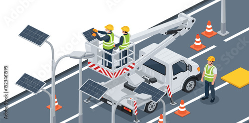 Technicians installing and maintaining solar-powered street lights on a city road using a hydraulic lift truck for safe elevated access isometric isolated