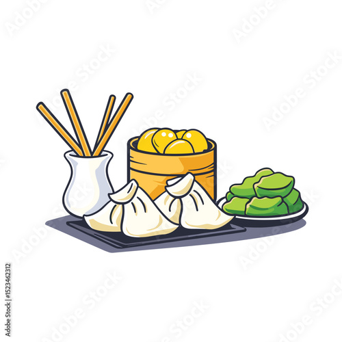 Asian food set with dumplings, buns, and chopstick