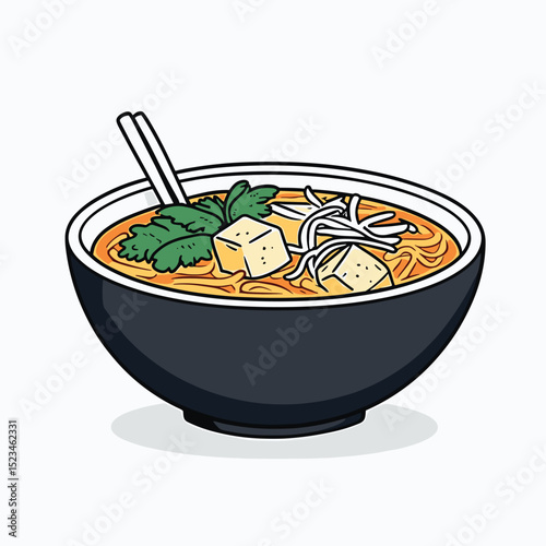Asian noodle bowl with tofu and chopsticks