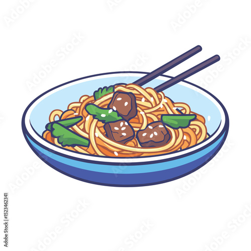 Asian noodles with meat and chopsticks in bowl