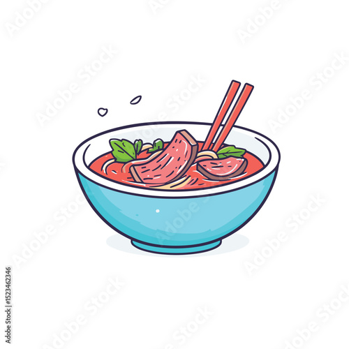 Asian soup bowl with meat and chopsticks