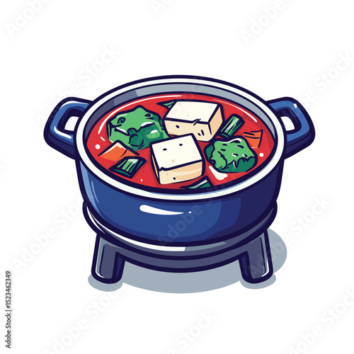 Asian soup pot with tofu and green vegetables