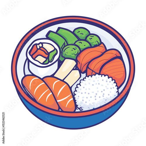 Bento box with salmon rice and vegetables