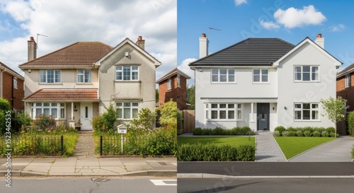 Side by side comparison of an old worn house and a newly renovated modern house with fresh landscaping