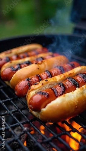 Perfectly grilled hot dogs on a barbeque, sizzling and ready to eat Juicy, flavorful, summer food, classic picnic item , wood, cooking, main course