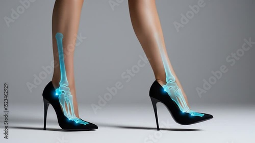 High heels with digital skeletal overlay on feet and legs