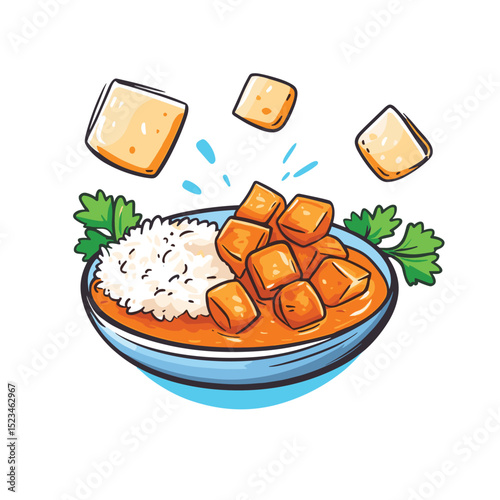 Bowl of curry rice with tofu cubes