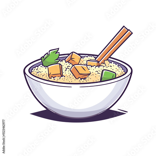Bowl of couscous with tofu and chopsticks
