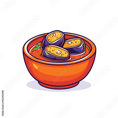 Bowl of eggplant curry, cartoon asian cuisine