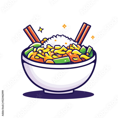 Bowl of food with rice and chopsticks