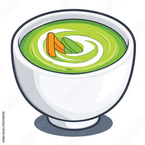 Bowl of green soup with vegetable toppings