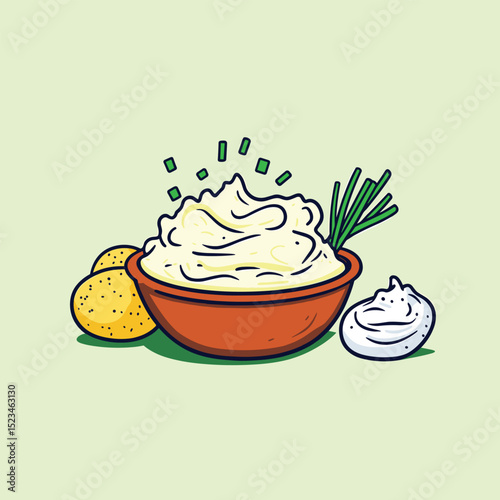 Bowl of mashed potatoes with chives and toppings