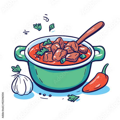 Bowl of goulash with garlic and pepper