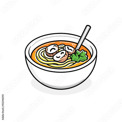 Bowl of noodle soup with spoon and garnish