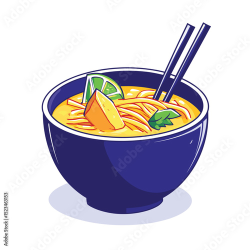 Bowl of noodle soup with lime and chopsticks