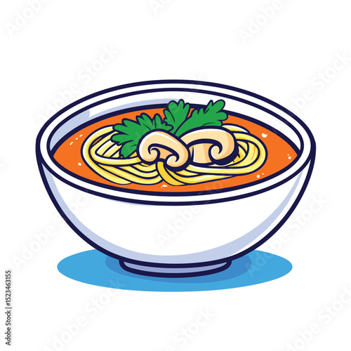Bowl of noodle soup with mushrooms and herbs